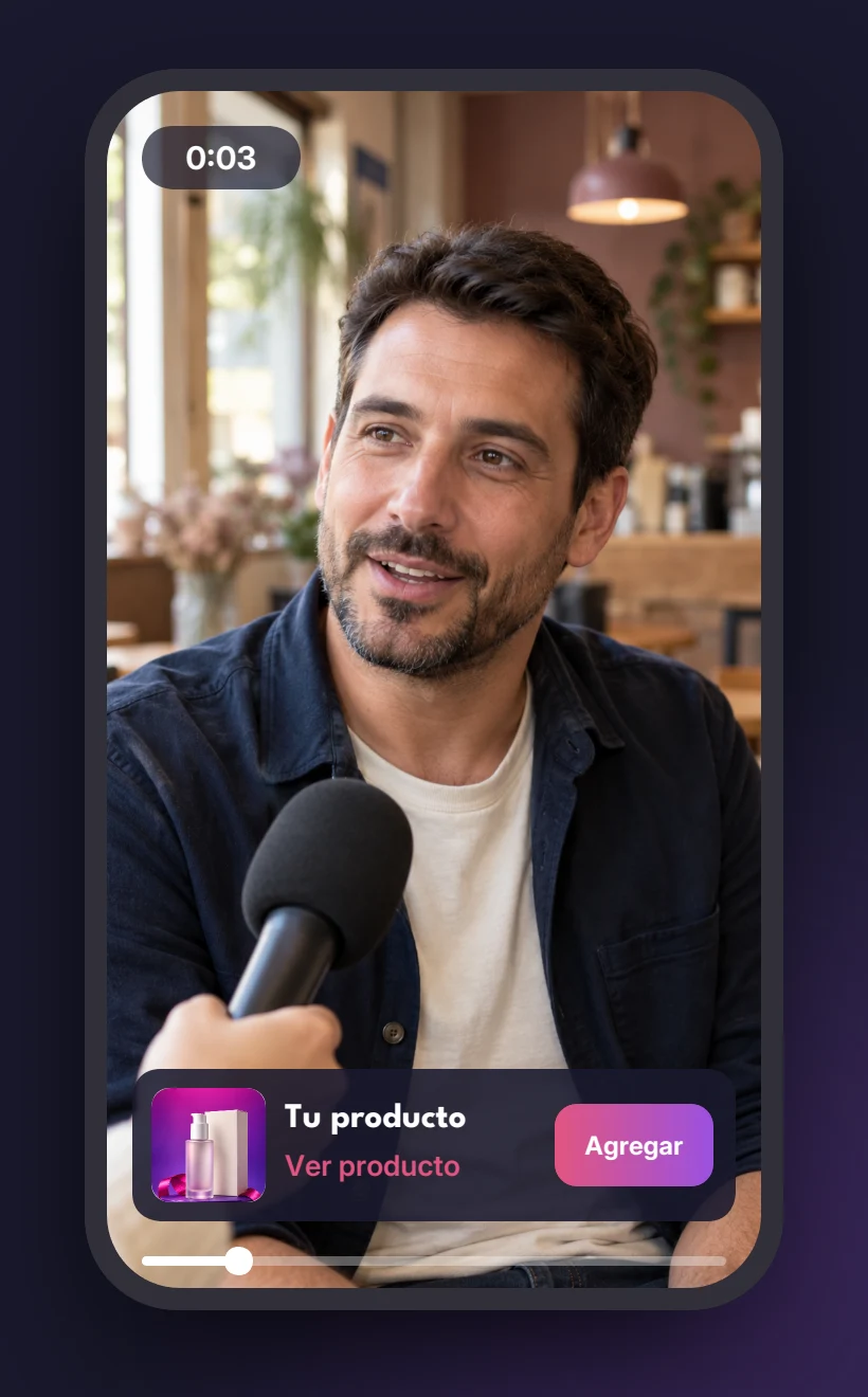 Ejemplo ilustrativo del formato de testimonio en video con una tarjeta de producto en FIGI