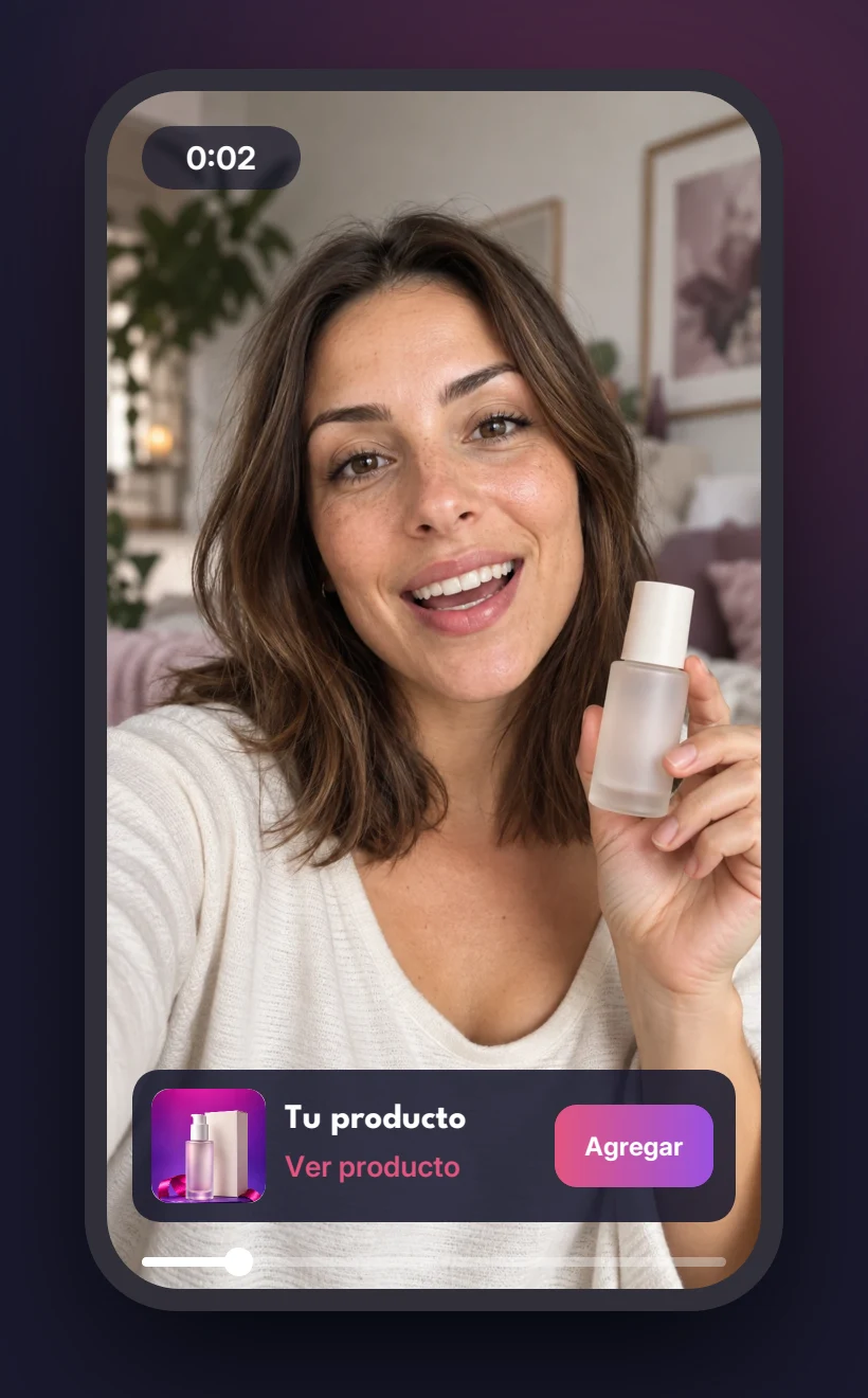 Ejemplo ilustrativo de video UGC con una persona mostrando un producto y una tarjeta asociada en FIGI